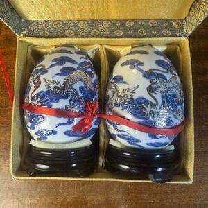 Yi Lin Arts & Treasures Of China Dragon Cloisonne Style EGGS With Stands & Box